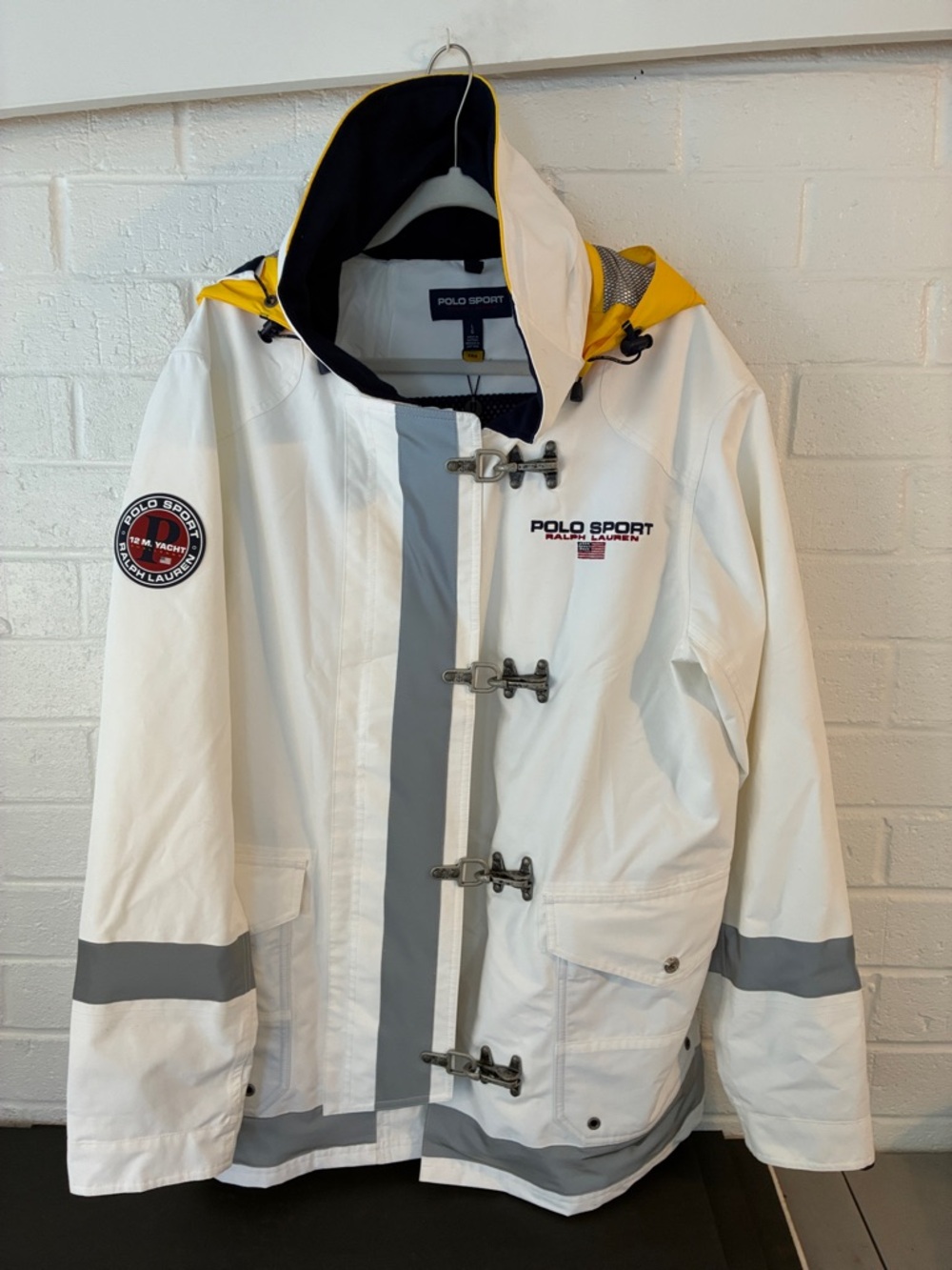 Ralph Lauren Polo Sport 12m Yacht White Jacket w Navy & Red Logo & Yellow Hood.
